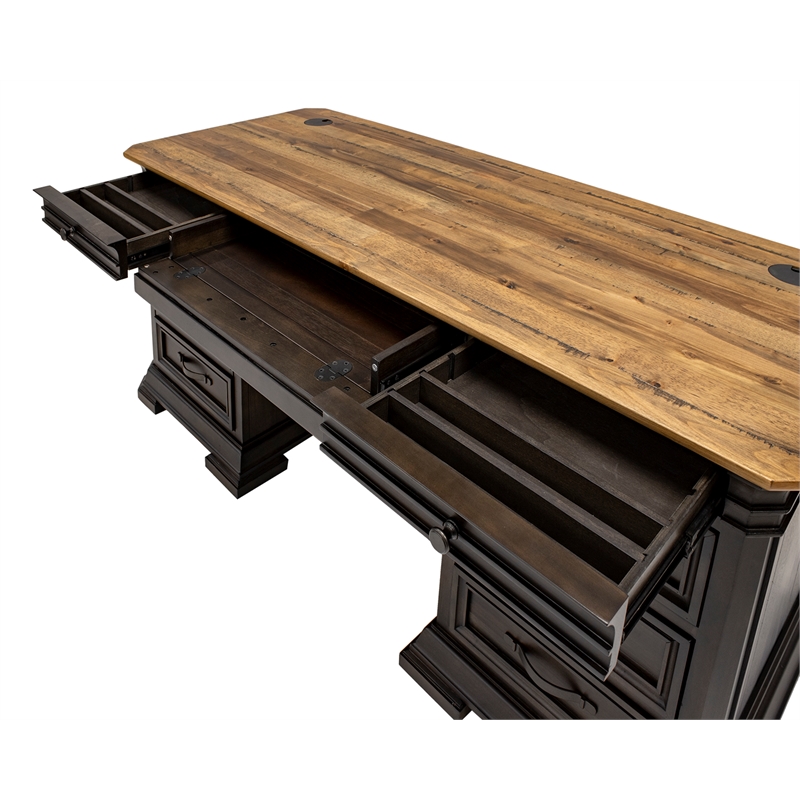 Pemberly Row Double Pedestal Executive Desk Solid Wood Plank Top in Brown