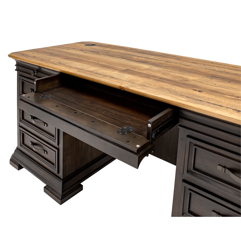 Pemberly Row Double Pedestal Executive Desk Solid Wood Plank Top in Brown