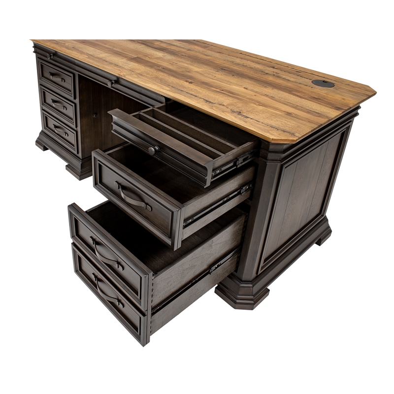 Pemberly Row Double Pedestal Executive Desk Solid Wood Plank Top in Brown