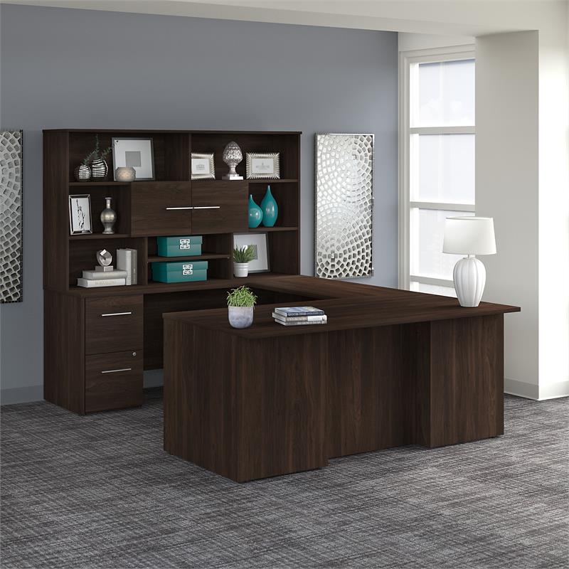 Pemberly Row 72W U Shaped Desk with Hutch in Black Walnut - Engineered Wood