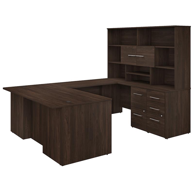 Pemberly Row 72W U Shaped Desk with Hutch in Black Walnut - Engineered Wood