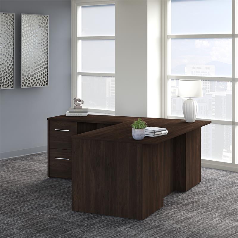 Pemberly Row 72W L Shaped Desk with Drawers in Black Walnut - Engineered Wood