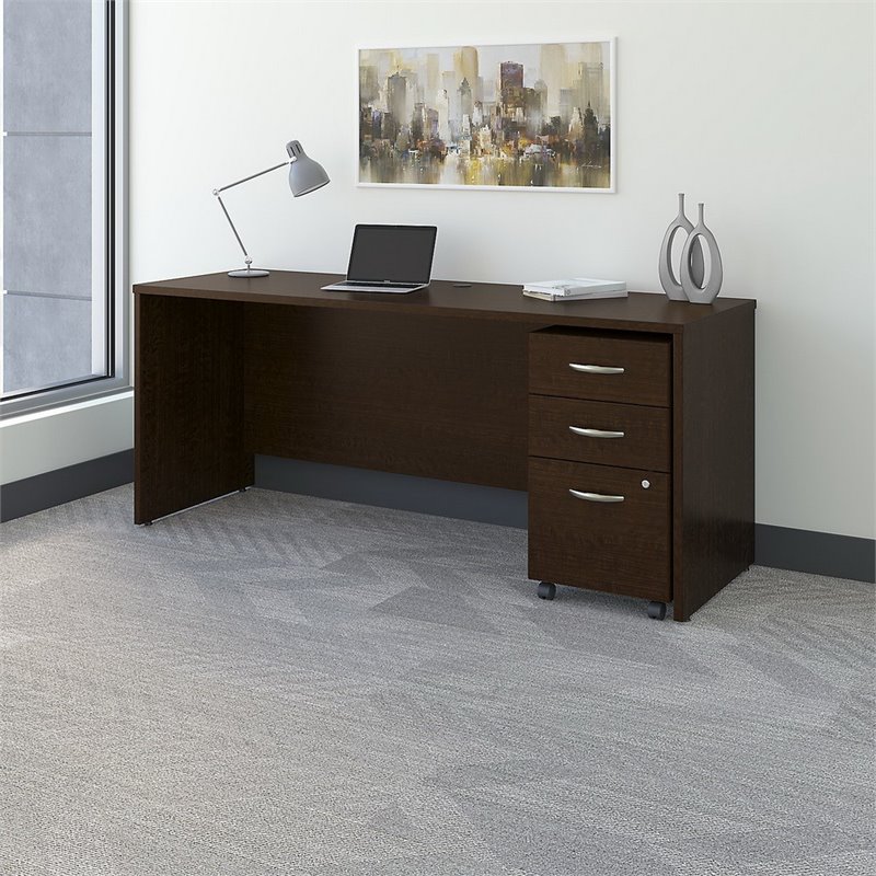 Pemberly Row 72W Office Desk with File Cabinet in Mocha Cherry - Engineered Wood
