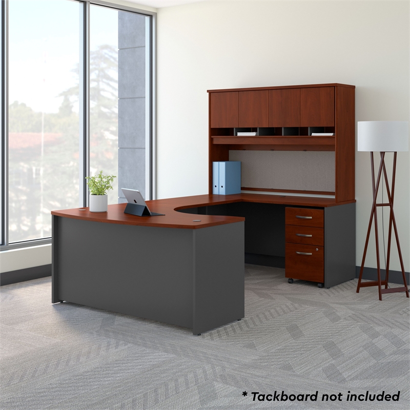 Pemberly Row Right Hand Bow U-Shaped Desk with Hutch and Storage - Hansen Cherry