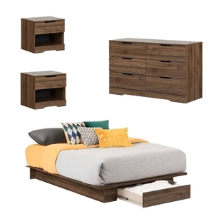 Pemberly Row 4 PC Set of Queen Platform with Dresser & 2 Nightstands - Walnut