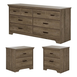 Pemberly Row 3Pc Dresser and 2 Nightstands Bedroom Set in Oak & Antique Handles