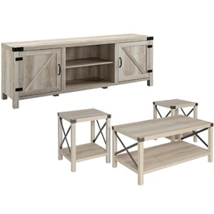 Pemberly Row 4PC Barn Door TV Stand Coffee Table & 2 End Table Set in White Oak