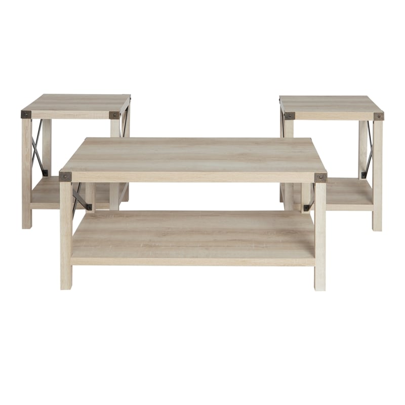 Pemberly Row 4PC Barn Door TV Stand Coffee Table & 2 End Table Set in White Oak