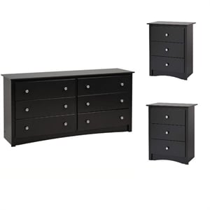 Pemberly Row 3PC Bedroom Wood Set with 1 Dresser and 2 Nightstands in Black