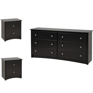 Pemberly Row 3PC Bedroom Wood Set with 1 Dresser and 2 Nightstands in Black