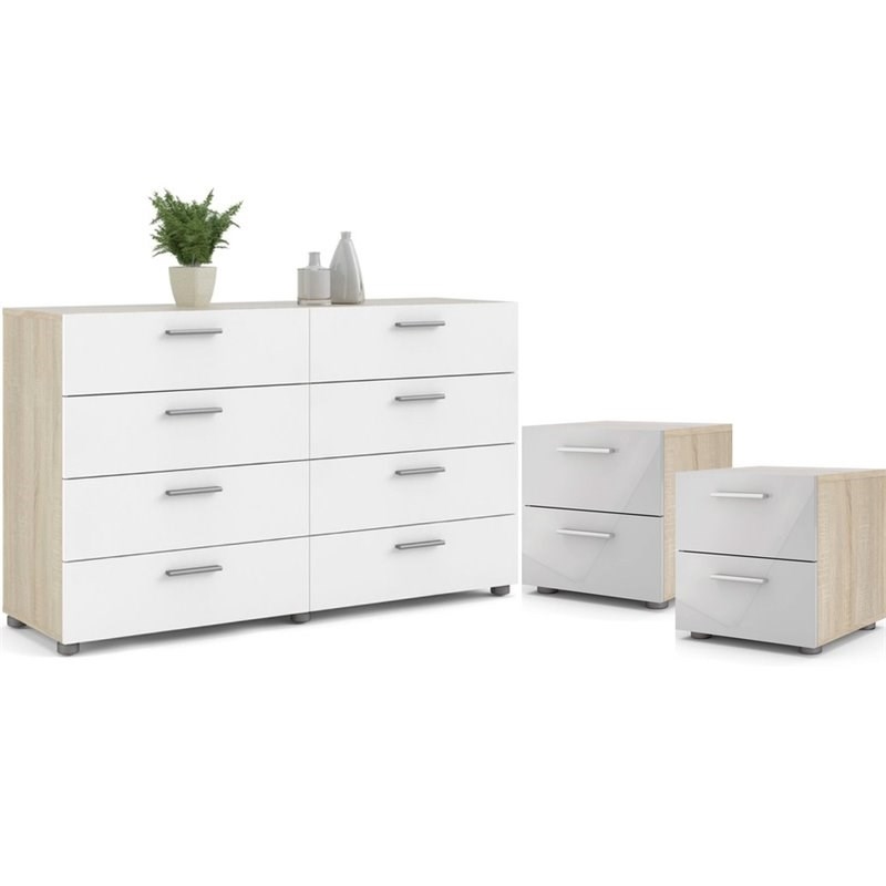 Pemberly Row 3PC Set of 2 Nightstands and 1 Double Dresser in Oak and White