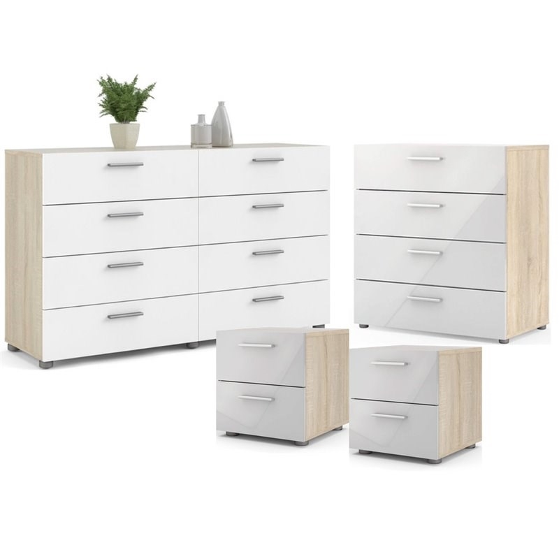 Pemberly Row 4PC Set 2 Nightstands 1 Double Dresser & 1 Chest in Oak & White