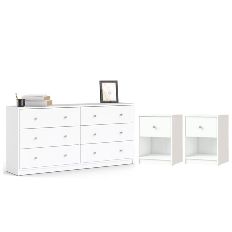 Pemberly Row 3 Piece Modern Wood Dresser and Nightstand Bedroom Set in White