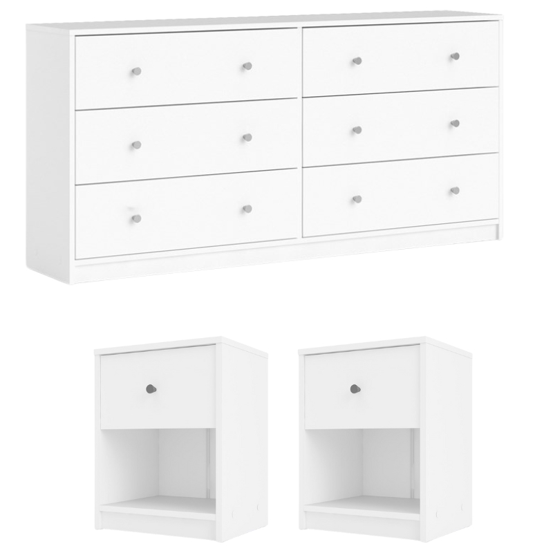 Pemberly Row 3 Piece Modern Wood Dresser and Nightstand Bedroom Set in White