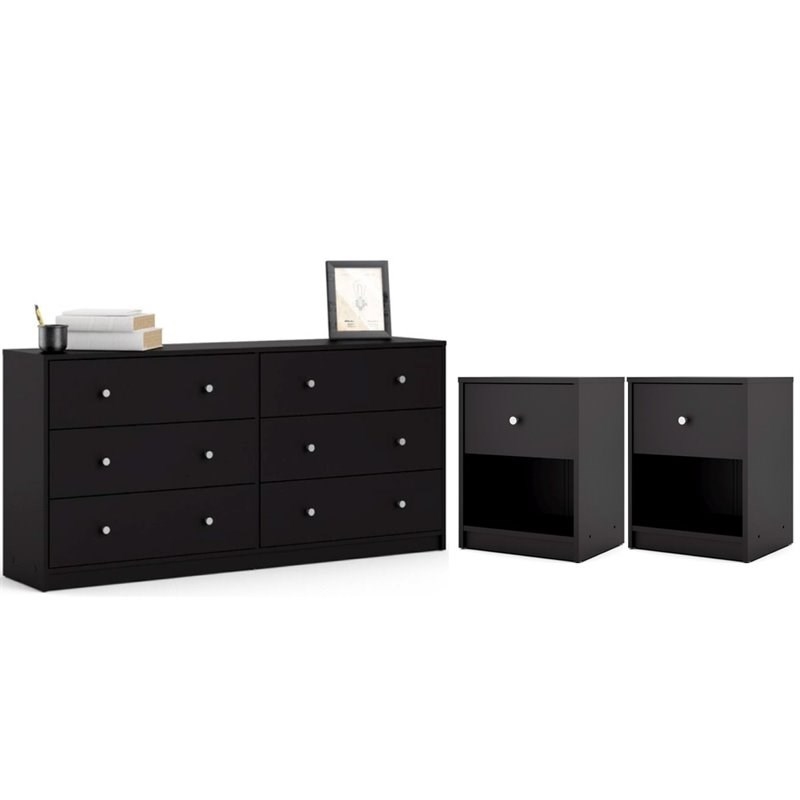 Pemberly Row 3PC Engineered Wood Dresser and Nightstands Bedroom Set in Black