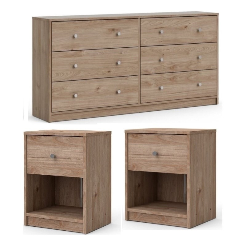 Pemberly Row 3 Piece Dresser and Nightstand Bedroom Set in Jackson Hickory