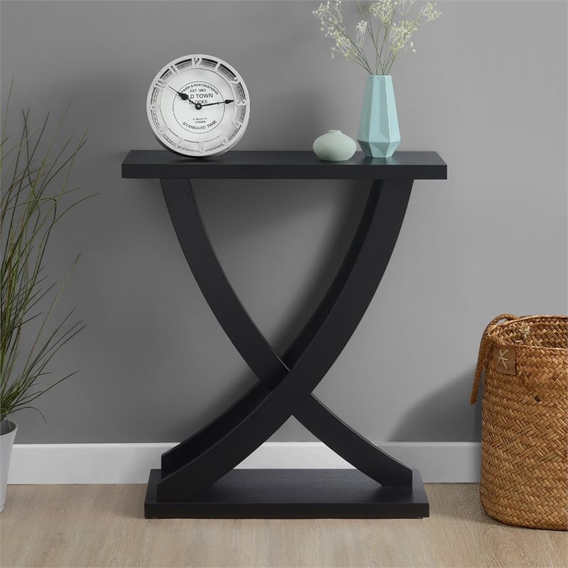 Pemberly Row Modern Criss-Cross Console Table in Black Wood Finish