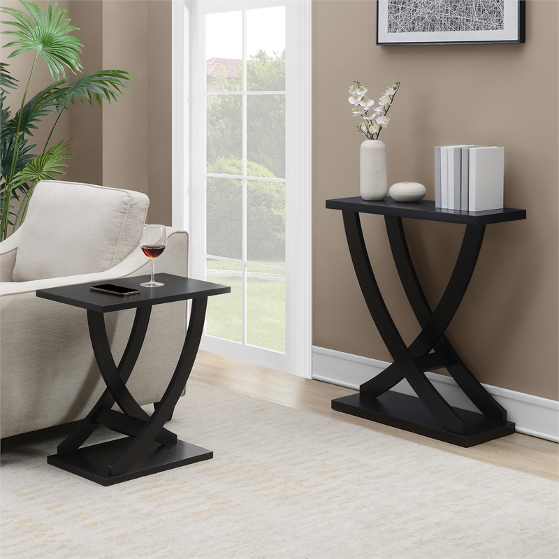 Pemberly Row Modern Criss-Cross Console Table in Black Wood Finish