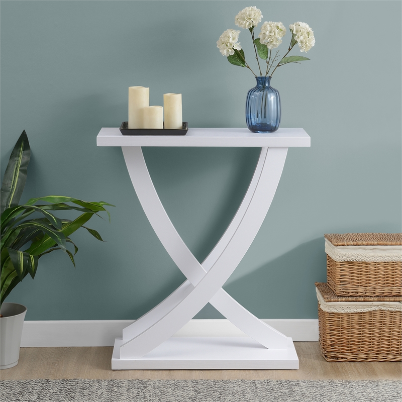Pemberly Row Modern Criss-Cross Console Table in White Wood Finish