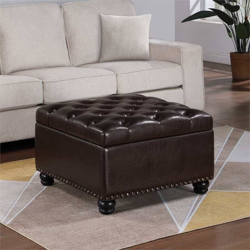 Pemberly Row Ottoman Coffee Table with Storage in Espresso Fabric