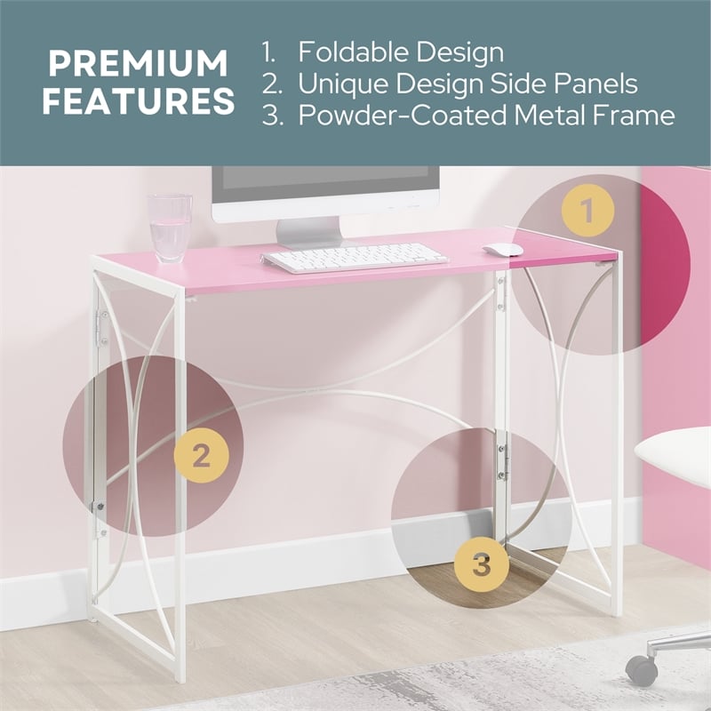 Pemberly Row Folding Desk in Pink Wood Finish and White Metal Frame