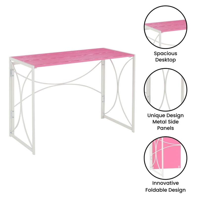 Pemberly Row Folding Desk in Pink Wood Finish and White Metal Frame