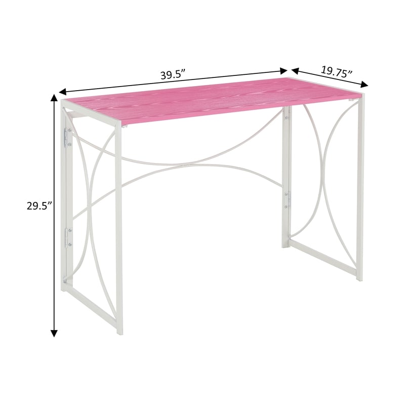 Pemberly Row Folding Desk in Pink Wood Finish and White Metal Frame