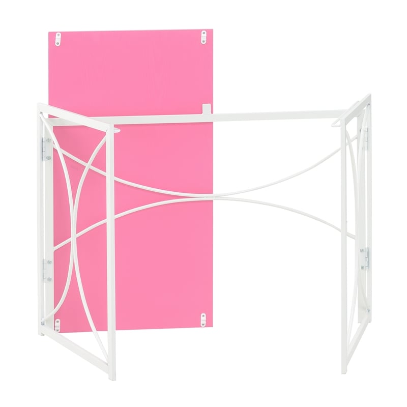 Pemberly Row Folding Desk in Pink Wood Finish and White Metal Frame