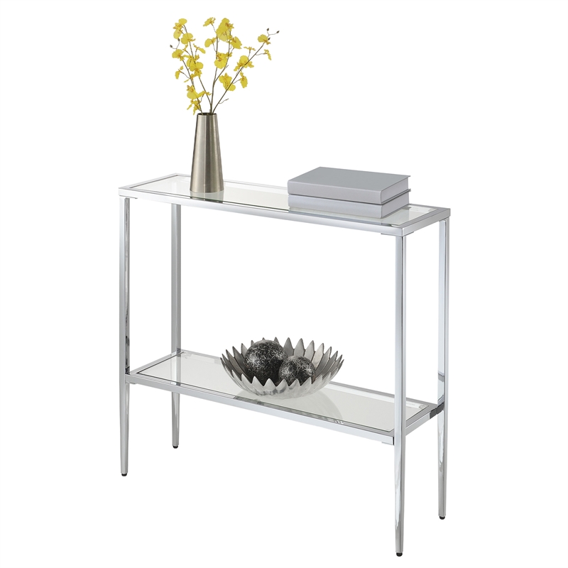 Pemberly Row Chrome Metal Entryway Hall Table with Glass Shelf and Top
