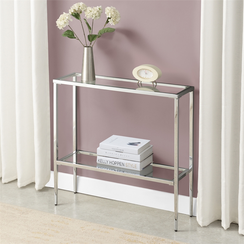Pemberly Row Chrome Metal Entryway Hall Table with Glass Shelf and Top