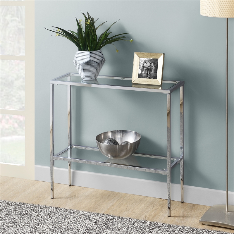 Pemberly Row Chrome Metal Entryway Hall Table with Glass Shelf and Top