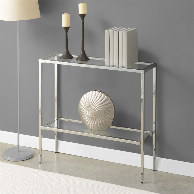 Pemberly Row Chrome Metal Entryway Hall Table with Glass Shelf and Top