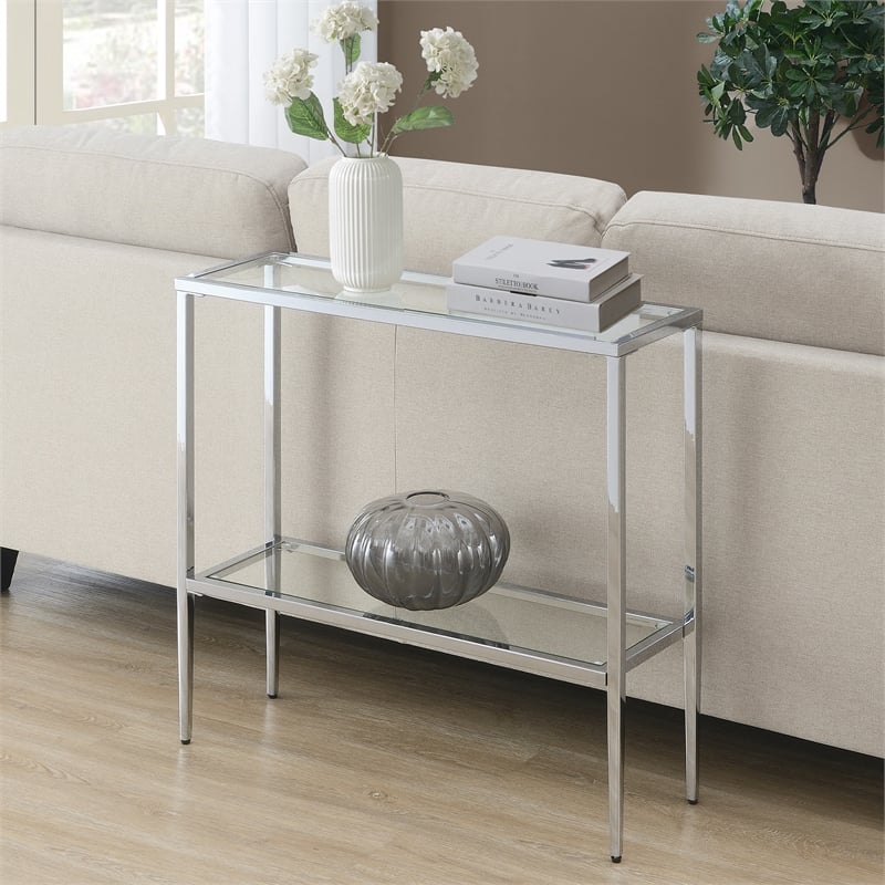 Pemberly Row Chrome Metal Entryway Hall Table with Glass Shelf and Top
