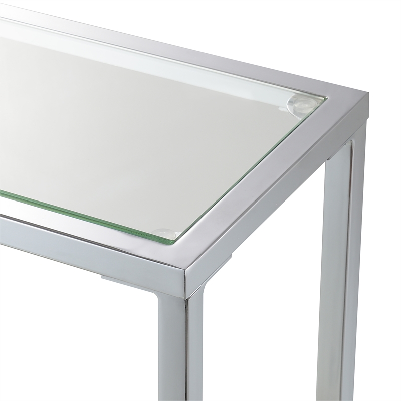 Pemberly Row Chrome Metal Entryway Hall Table with Glass Shelf and Top