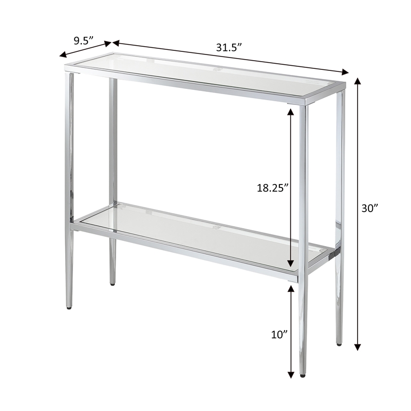 Pemberly Row Chrome Metal Entryway Hall Table with Glass Shelf and Top