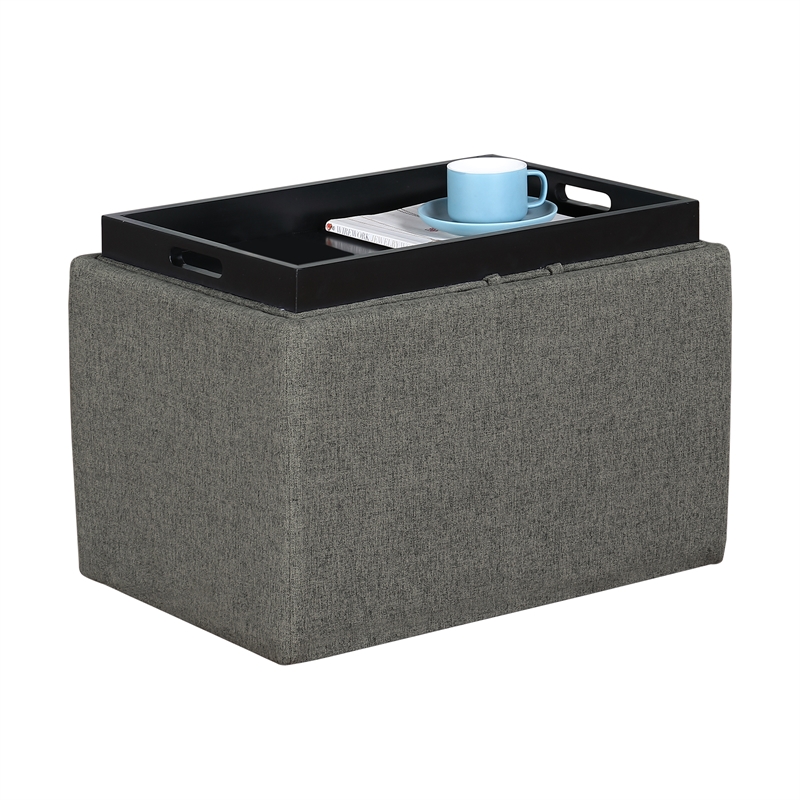 Pemberly Row Accent Storage Ottoman with Reversible Tray in Gray Fabric