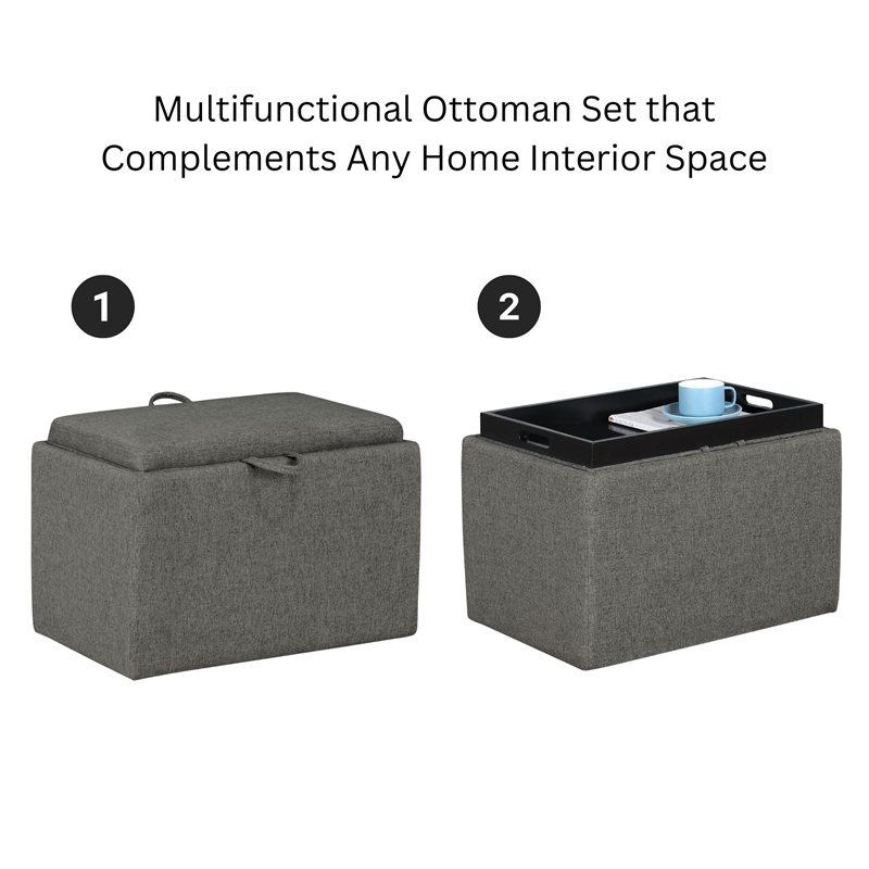 Pemberly Row Accent Storage Ottoman with Reversible Tray in Gray Fabric