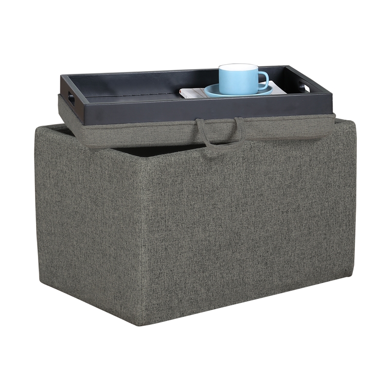 Pemberly Row Accent Storage Ottoman with Reversible Tray in Gray Fabric