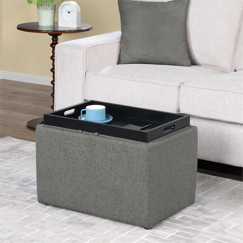 Pemberly Row Accent Storage Ottoman with Reversible Tray in Gray Fabric