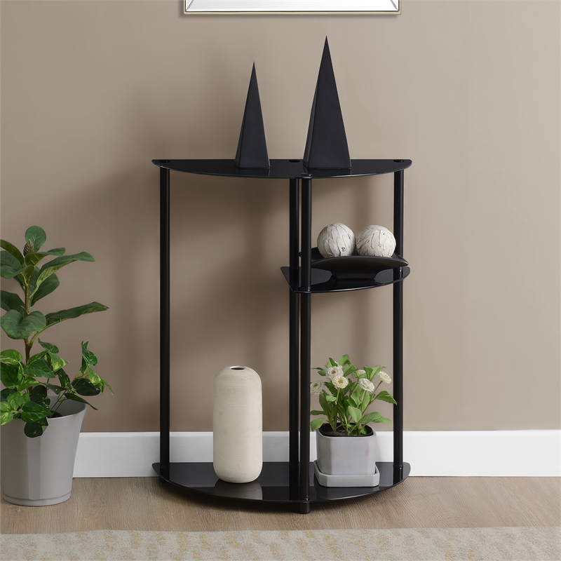 Pemberly Row Classic Three-Tier Display Entryway Hall Table in Black Glass