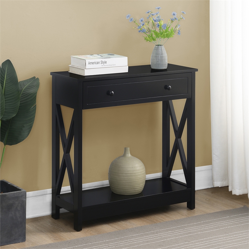 Pemberly Row One-Drawer Entryway Hall Table with Shelf in Black Wood Finish