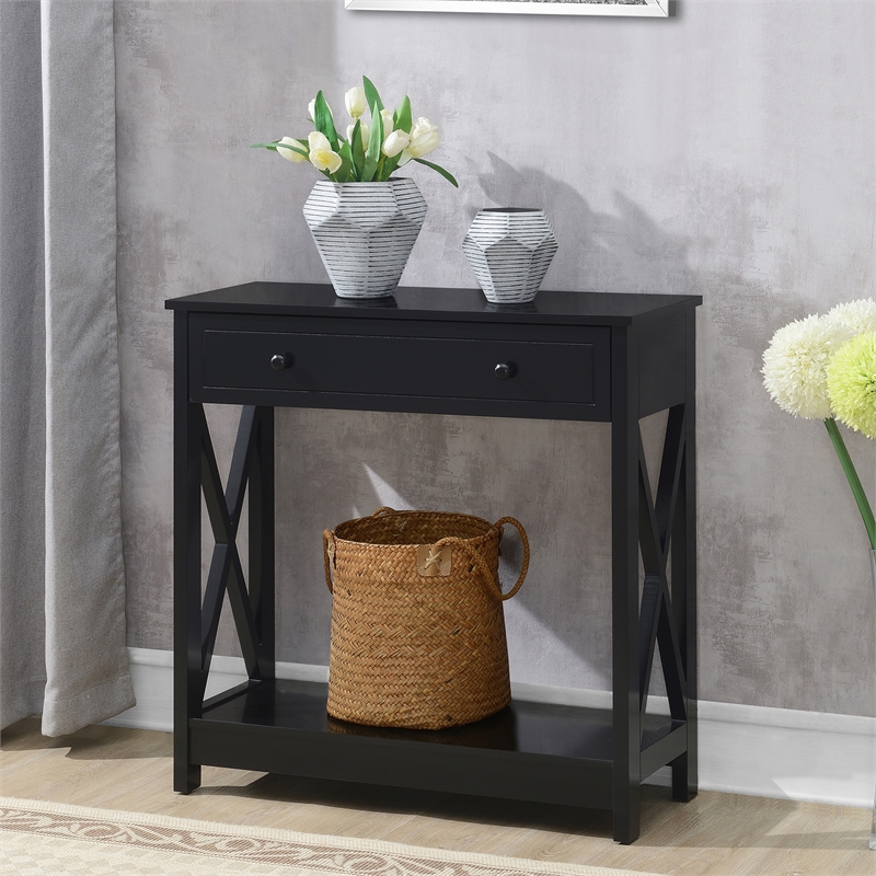 Pemberly Row One-Drawer Entryway Hall Table with Shelf in Black Wood Finish