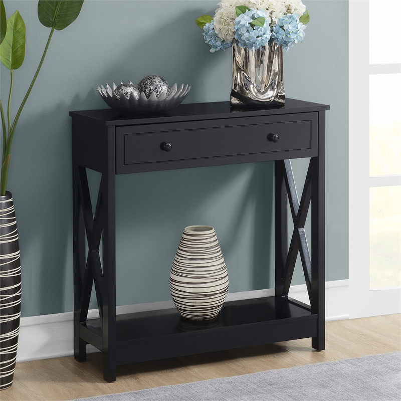 Pemberly Row One-Drawer Entryway Hall Table with Shelf in Black Wood Finish