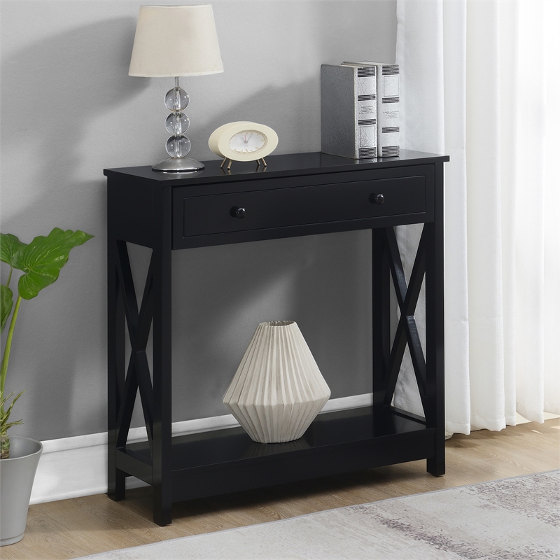 Pemberly Row One-Drawer Entryway Hall Table with Shelf in Black Wood Finish