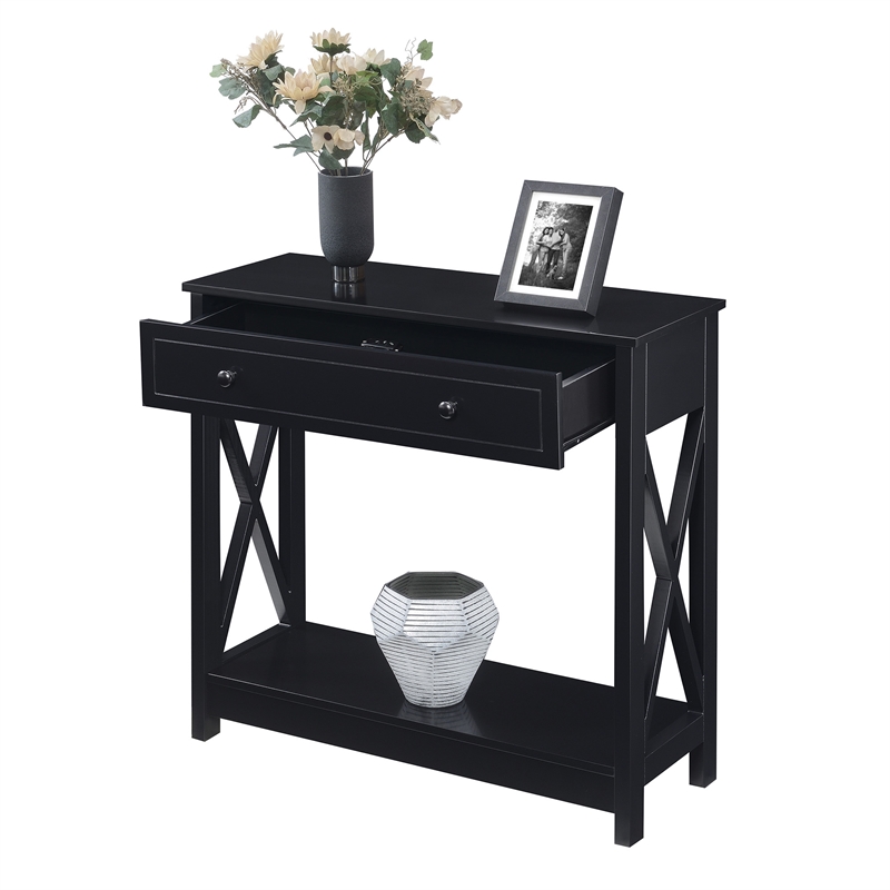 Pemberly Row One-Drawer Entryway Hall Table with Shelf in Black Wood Finish