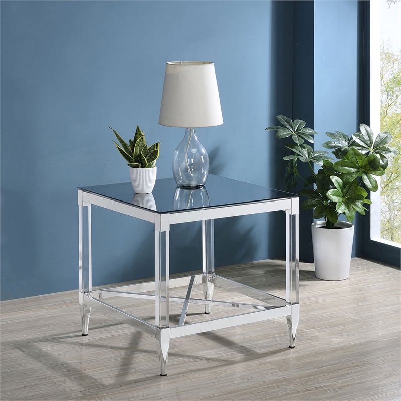 Pemberly Row Square Metal End Table Tempered Mirror Top Chrome