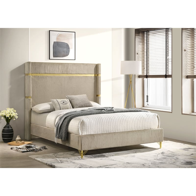 Pemberly Row Fabric Upholstered Queen Wingback Panel Bed Beige