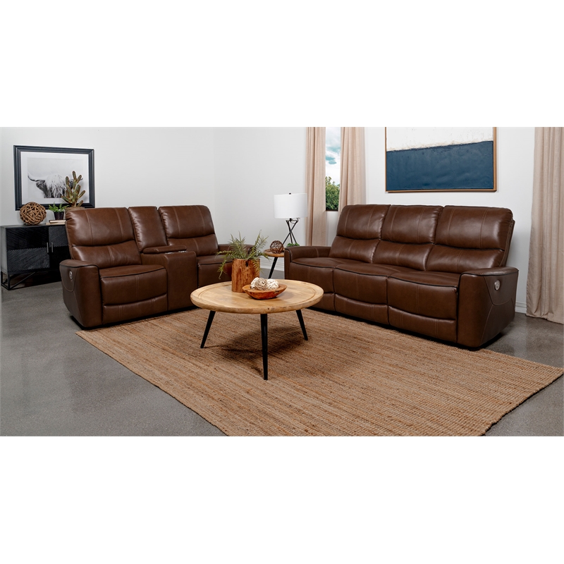Pemberly Row 2-piece Faux Leather Power Reclining Sofa Set Saddle Brown