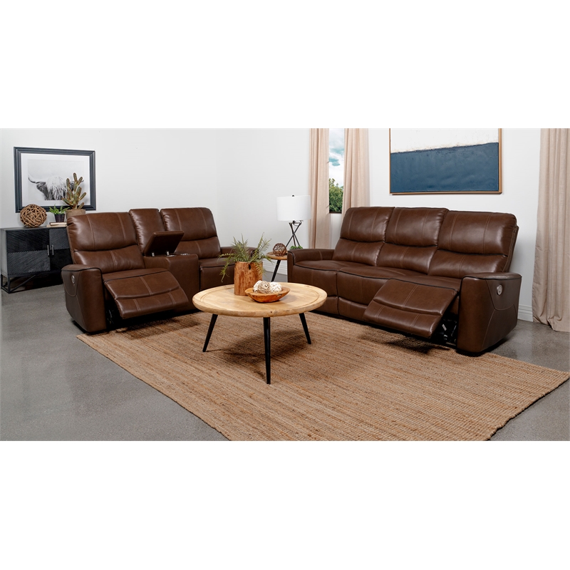 Pemberly Row 2-piece Faux Leather Power Reclining Sofa Set Saddle Brown