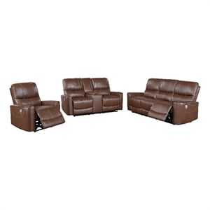 Pemberly Row 3-piece Faux Leather Power Reclining Sofa Set Saddle Brown